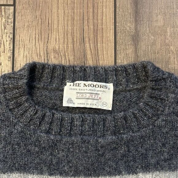 Vintage Lord Jeff Wool Sweater Men's Medium The Moors Gray Striped Made in USA - Picture 2 of 4